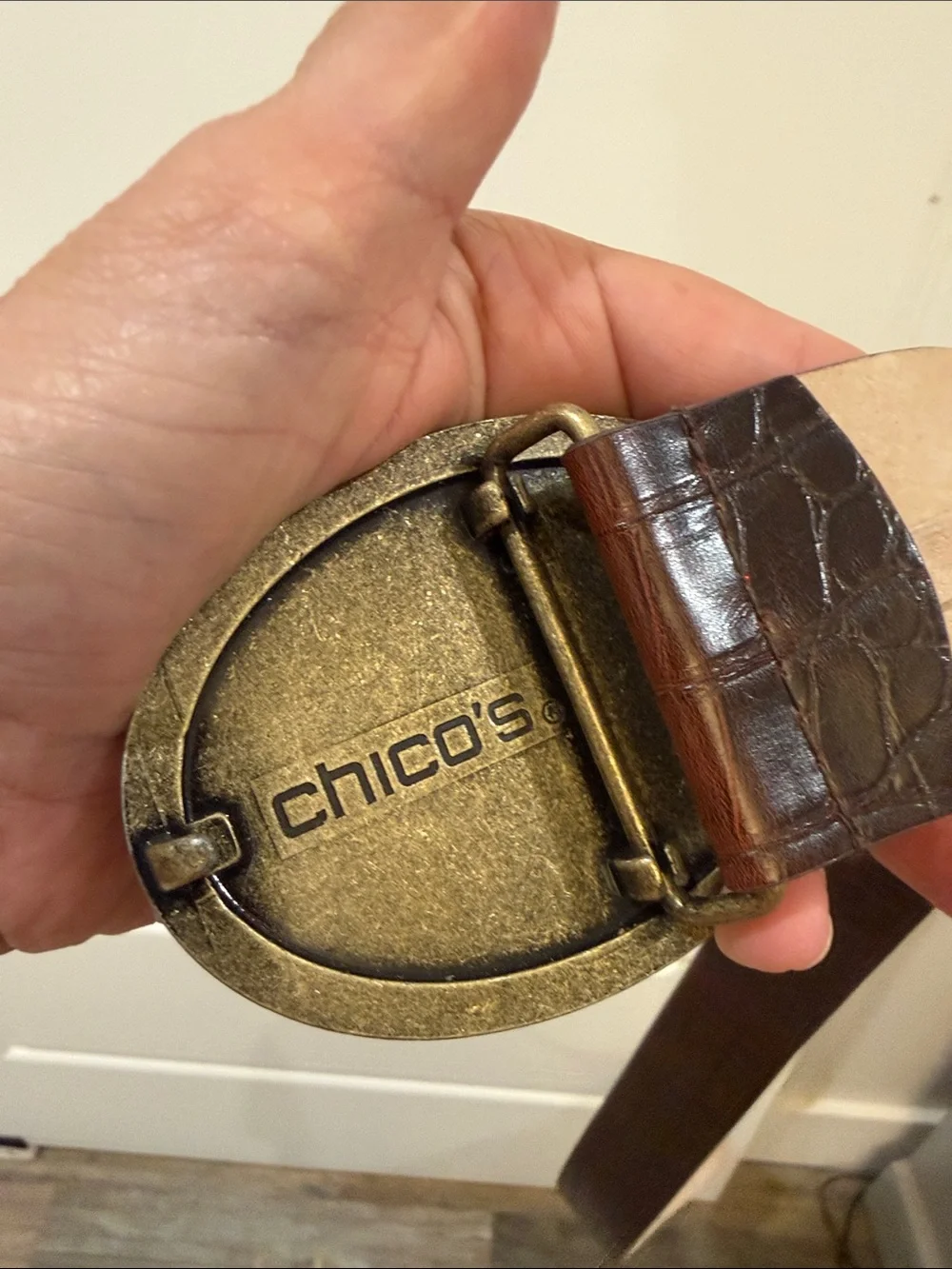 Dark Brown Croc-Pattern Leather Belt with Amber Cabochon Oval Stone Buckle